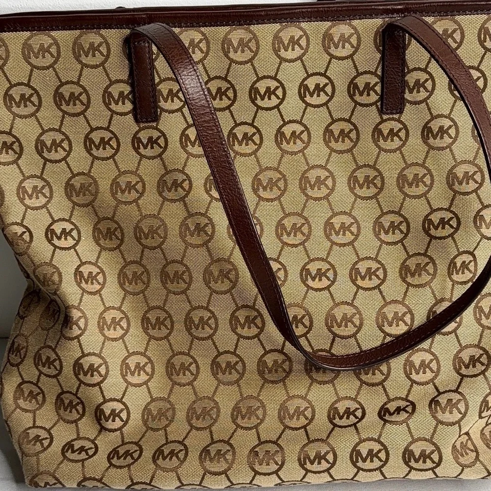 Michael Kors Tan Beige MK Logo Tote with Brown Trim